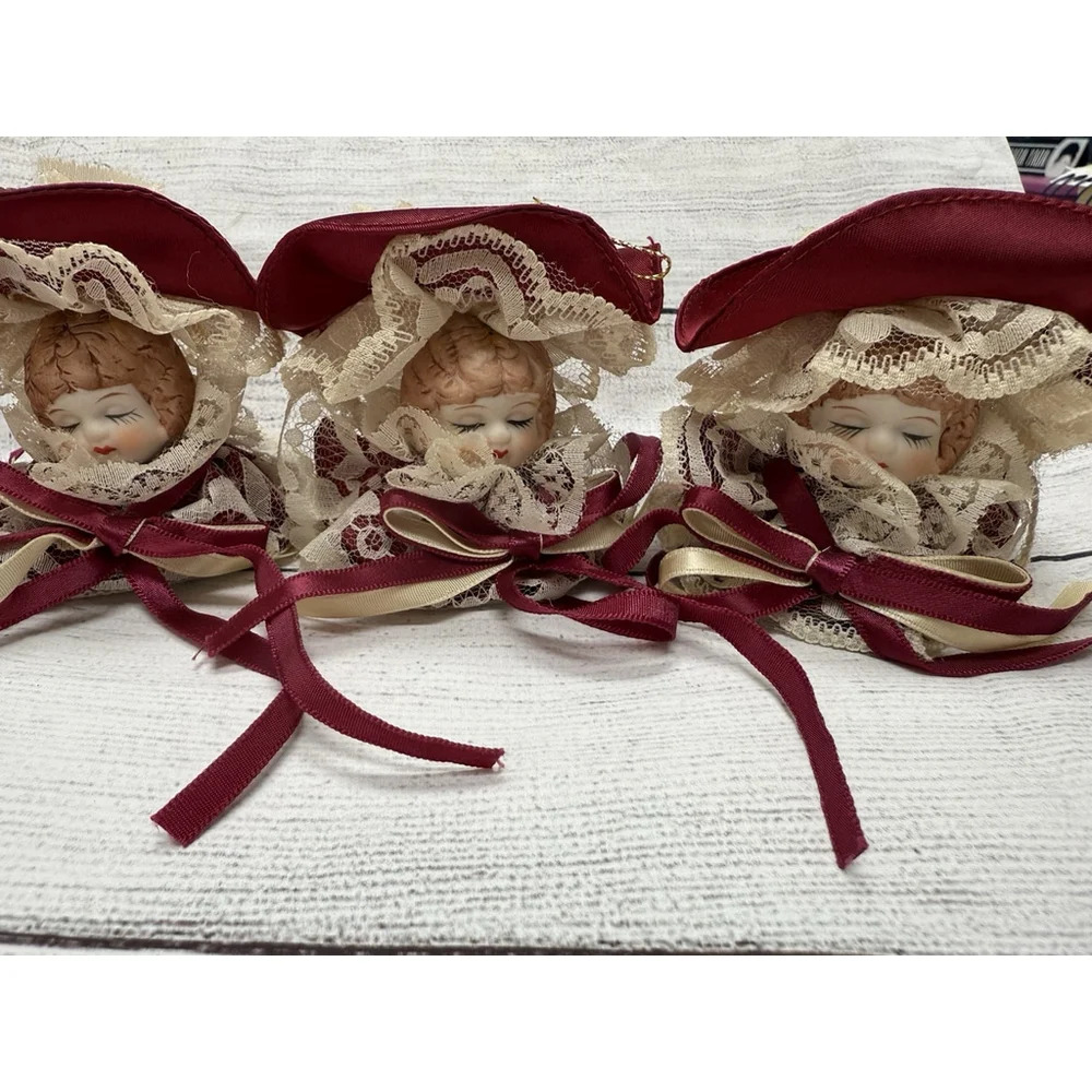 Vintage Porcelain Lot Of FIVE Victorian Doll Head Hanging Ornament 3” Christmas
